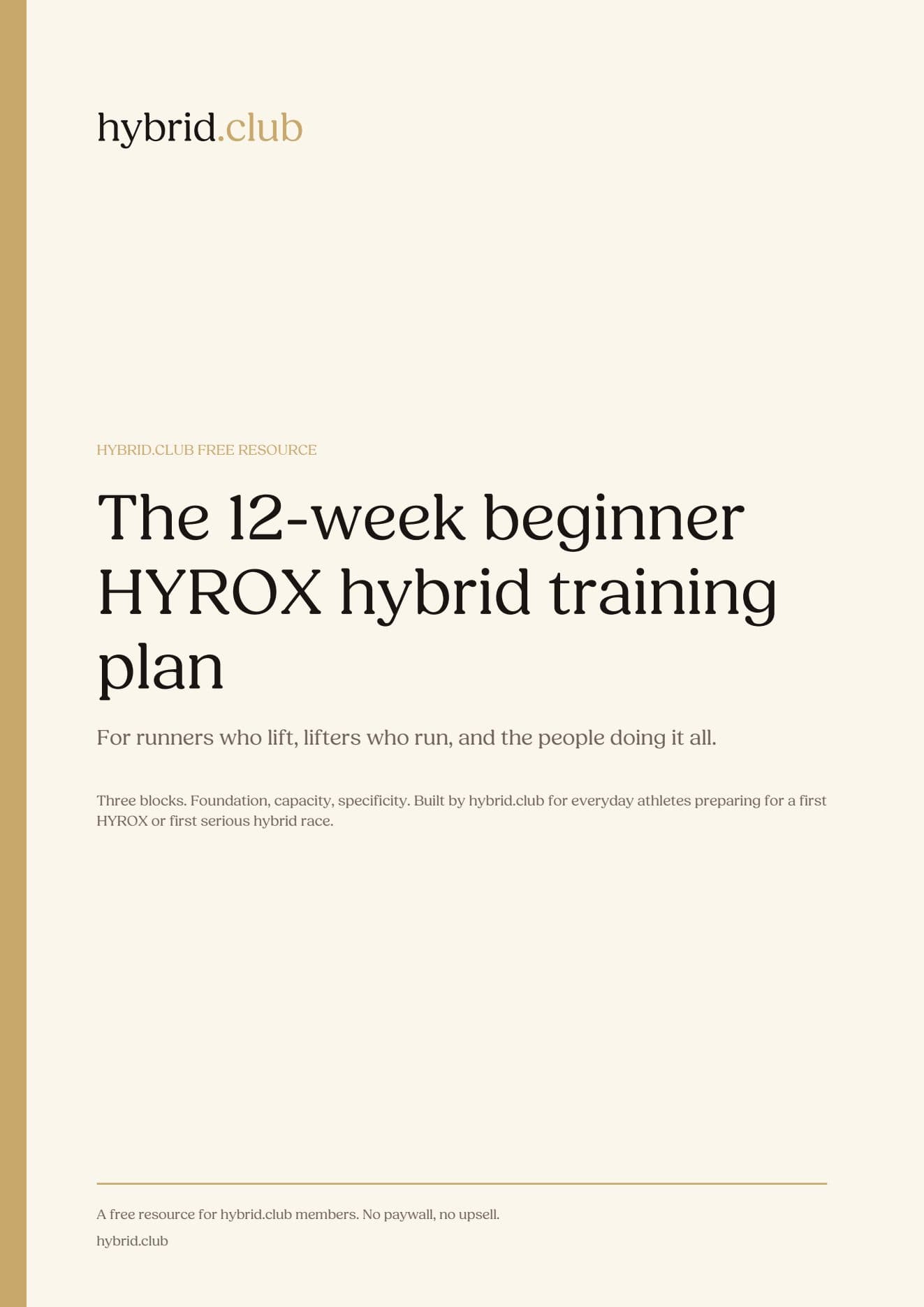 Preview of the hybrid.club 12-week hybrid training plan PDF (cover)